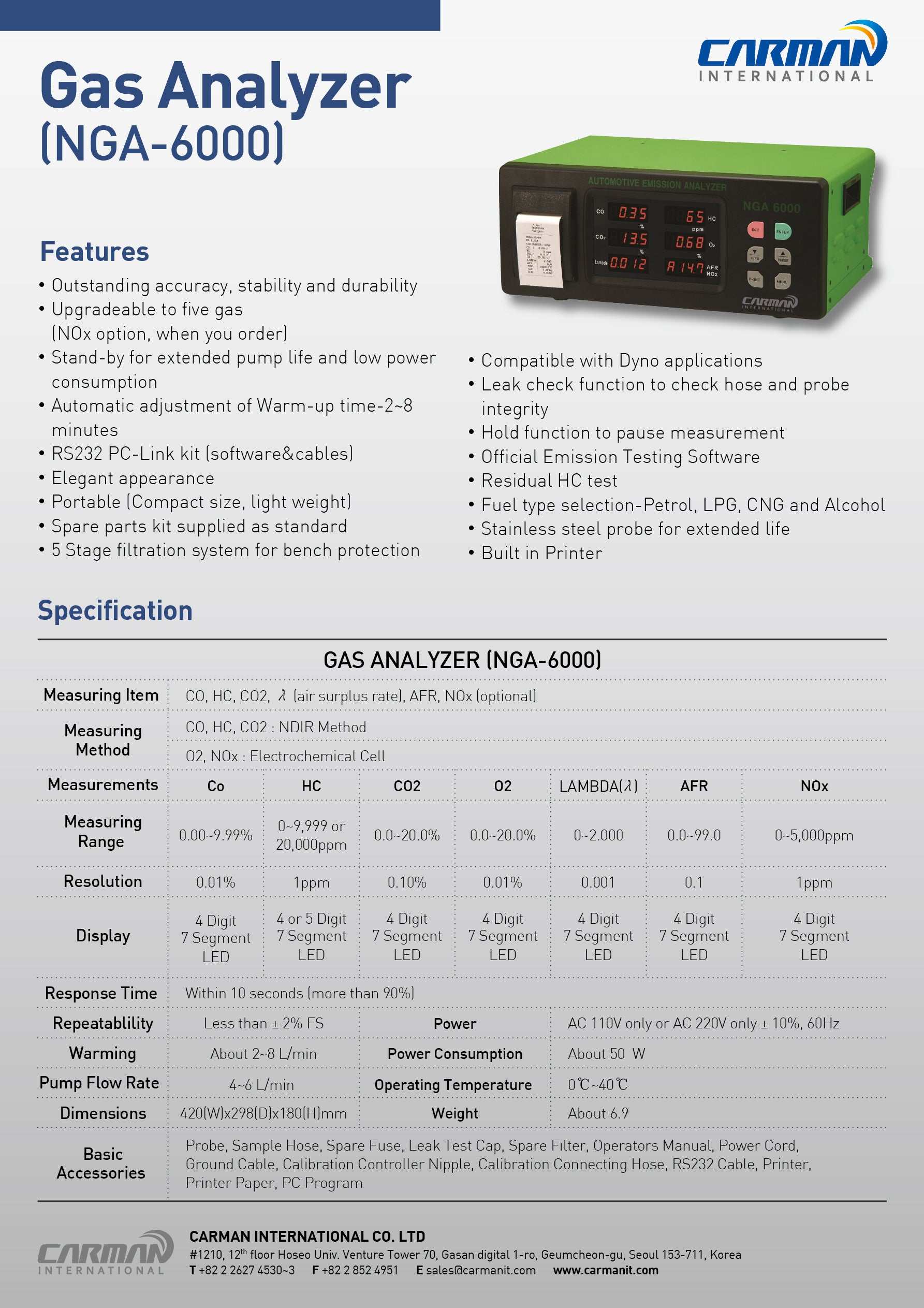 Carman NGA6000 4 Gas Analyzer With Built-in Printer