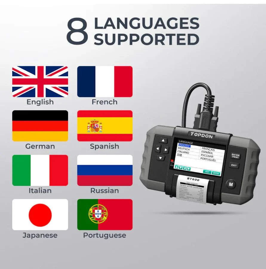 Topdon BT600 Battery and Electrical System Tester 8 Supported Languages