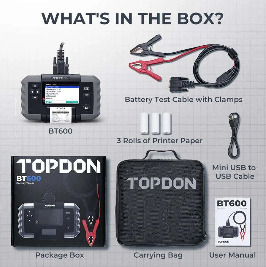 Topdon BT600 Battery and Electrical System Tester Whats Included