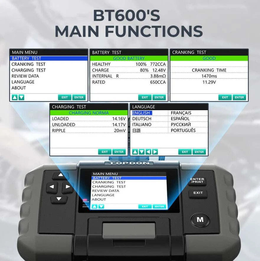 Topdon BT600 Battery and Electrical System Tester Main Functions
