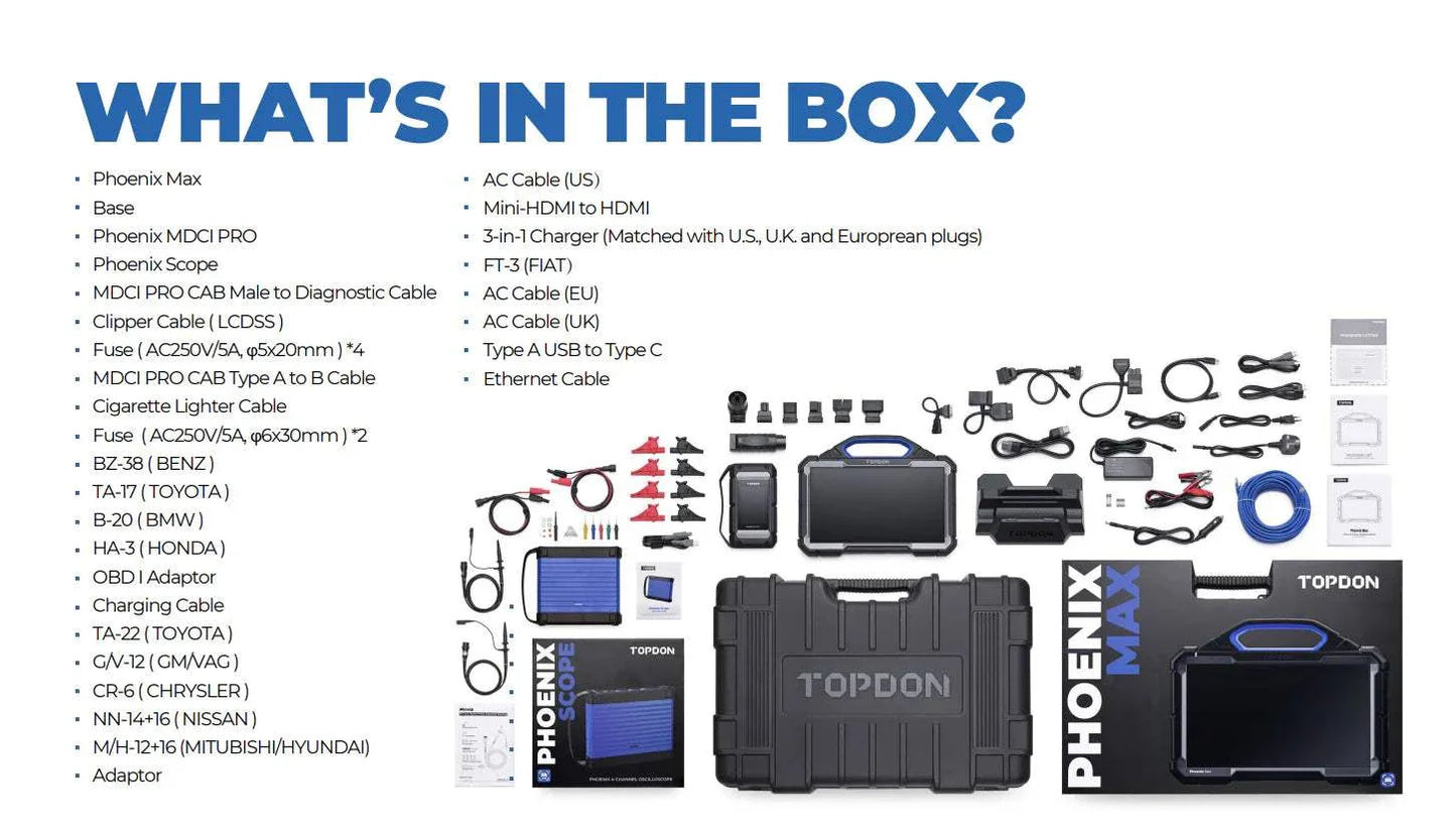 TOPDON Phoenix Max Professional Automotive Diagnostic Scan Tool Whats included