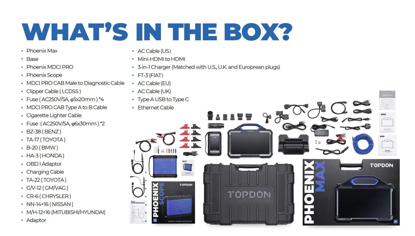 TOPDON Phoenix Max Professional Automotive Diagnostic Scan Tool Whats included