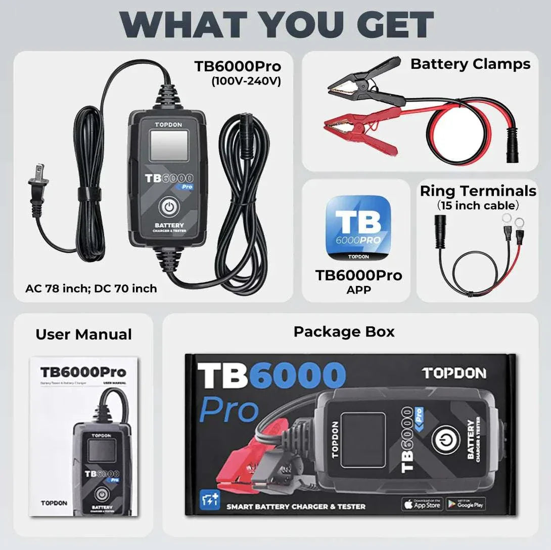 TOPDON TB6000PRO Battery Charger and Tester What's Included