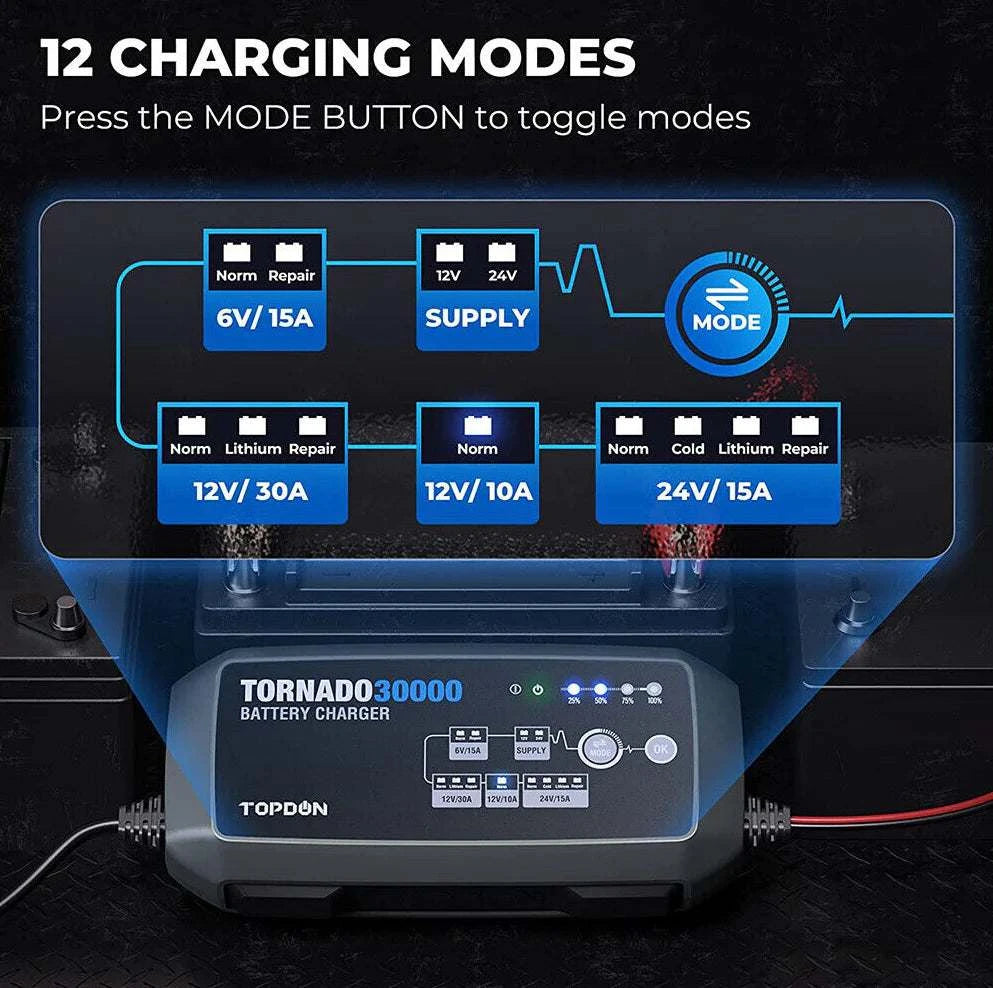 TOPDON T30A Battery Charger for 6V/12V/24V